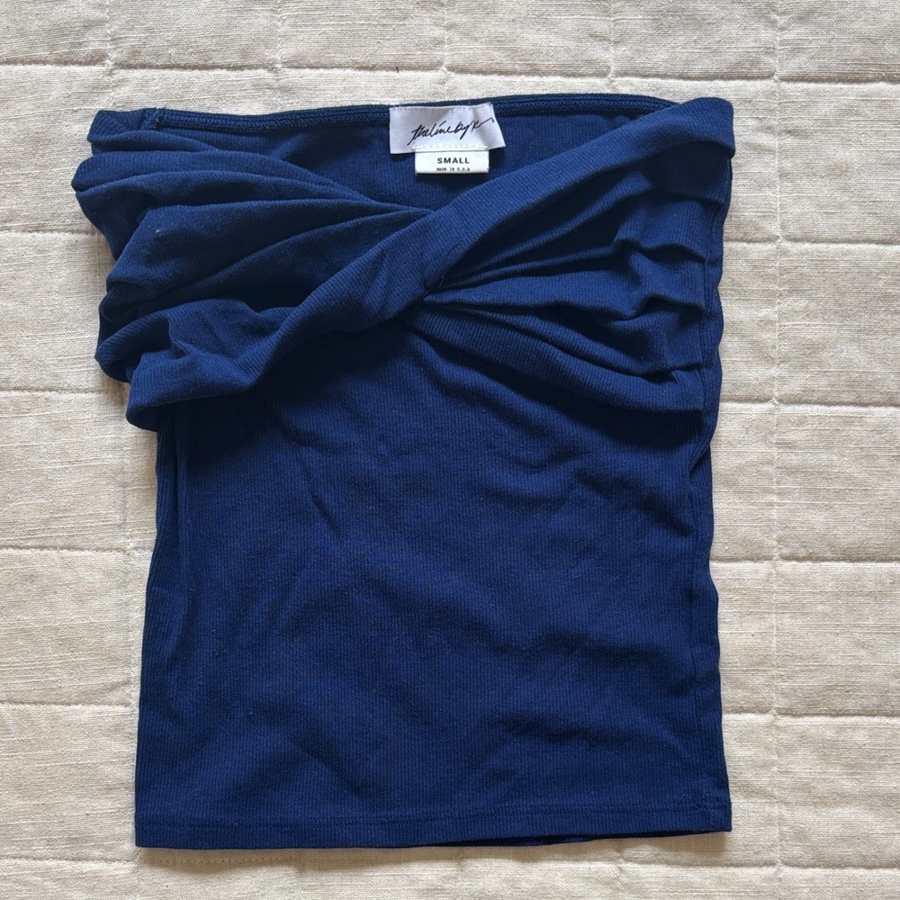 The Line by K Navy Ribbed Strapless Twist Top